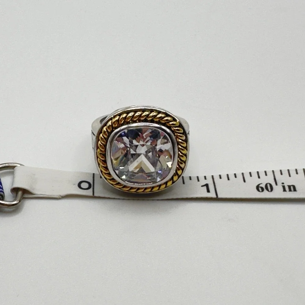 Designer Inspired Statement Ring Large CZ Silver Tone Gold Tone Rope Accent 7.25